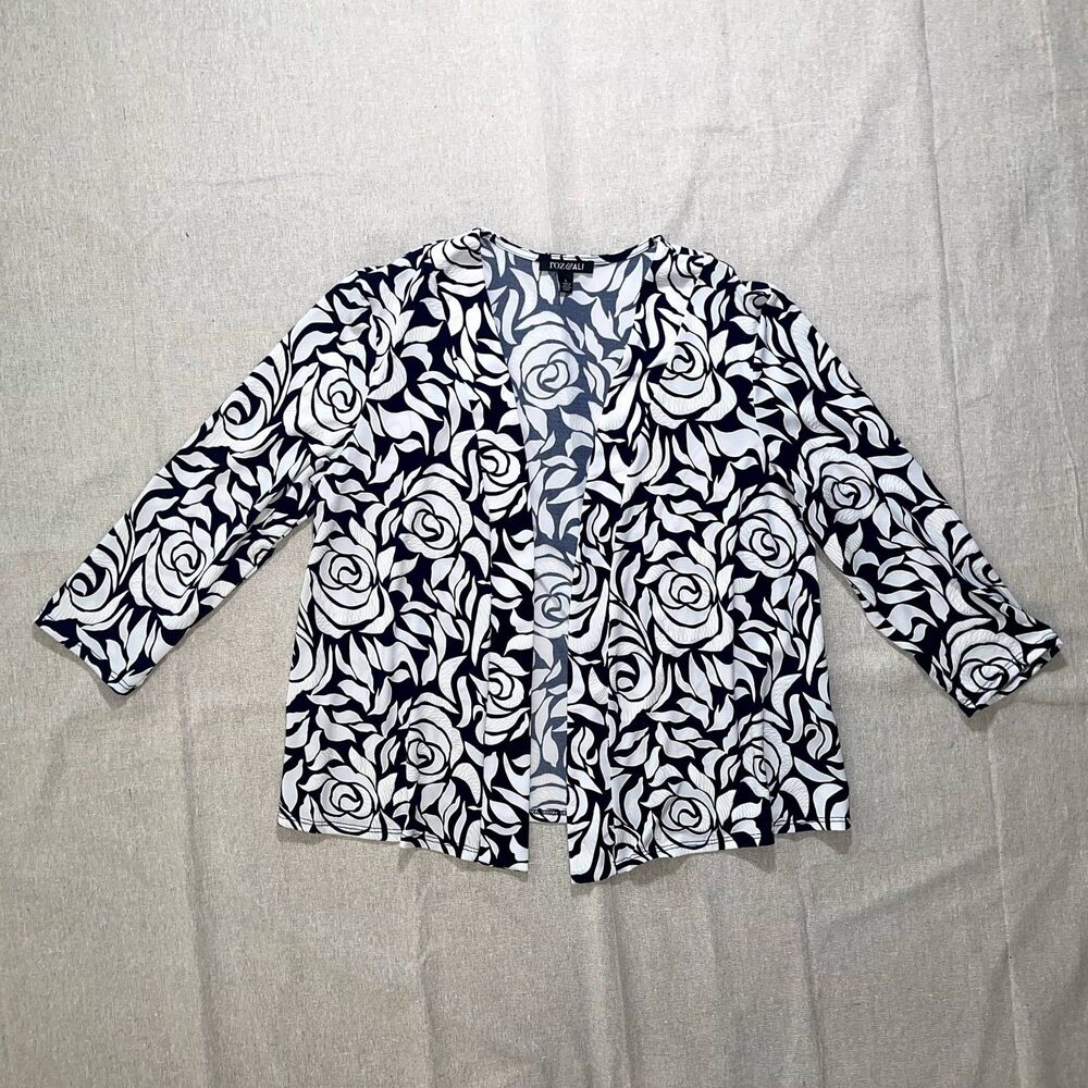 Roz & Ali | Textured Rose Print White & Navy Open Front Jacket | Large